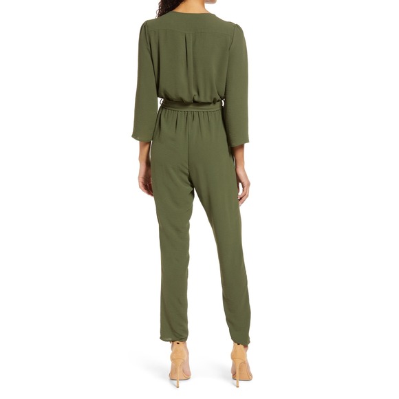 Fraiche by J Olive Green Wrap Waist Tie Jumpsuit Women Size L - Picture 2 of 10